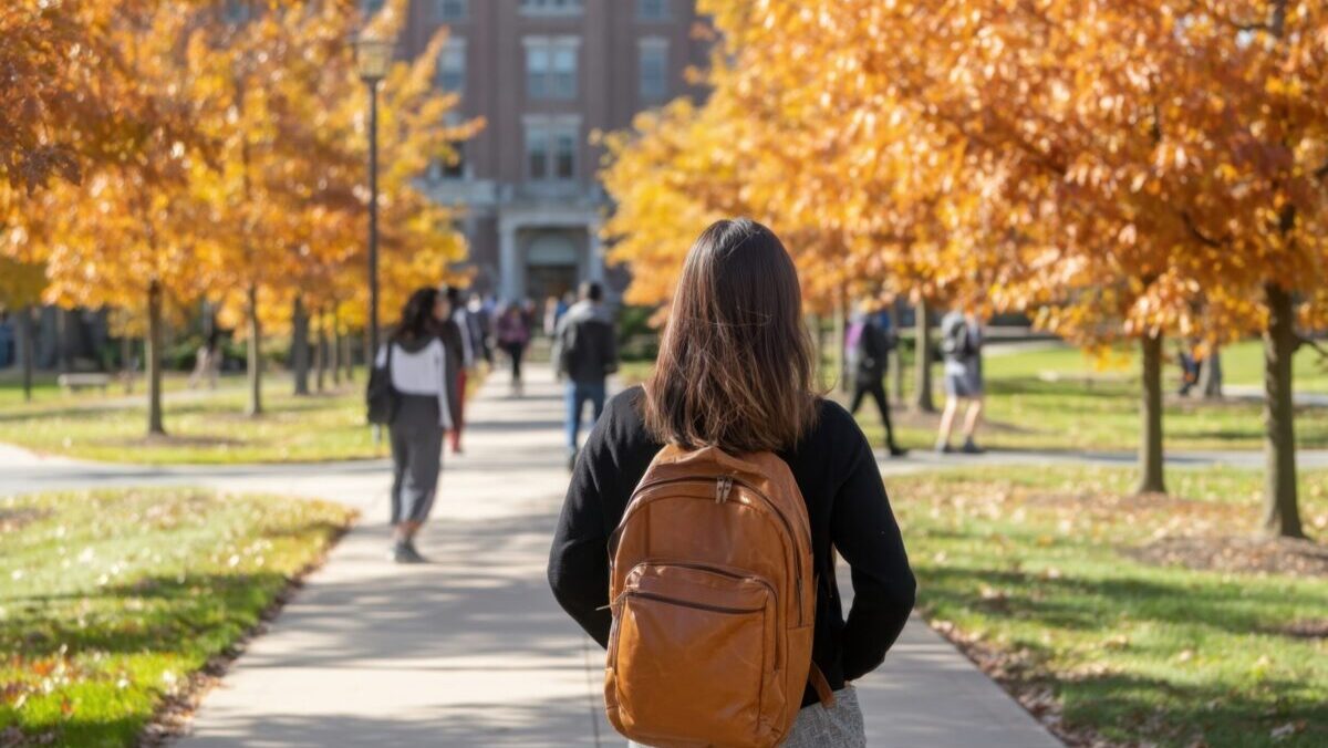 Student outside in the fall on a campus (generated by AI)